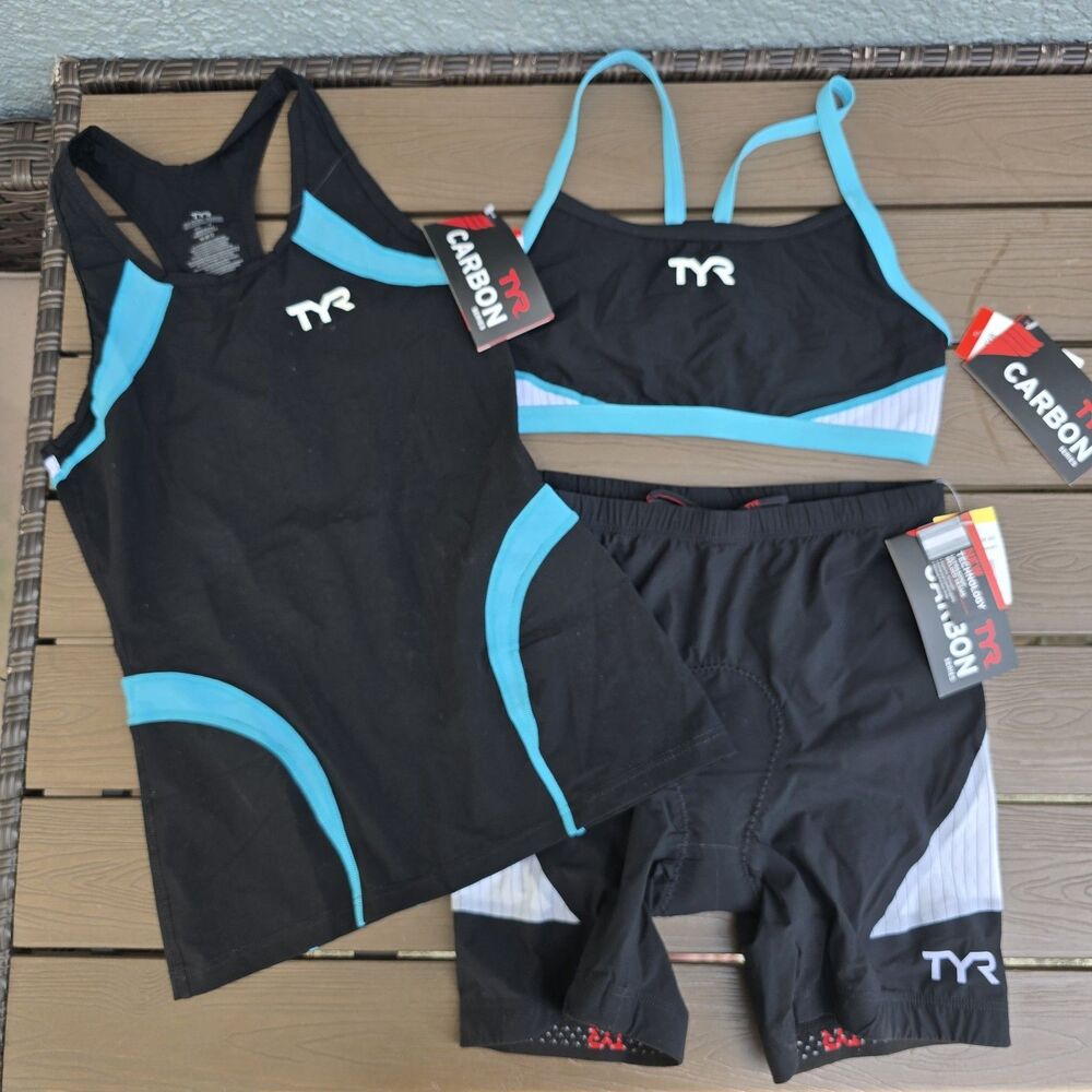 TYR Carbon Women Blue/black Tri Tank & Top (S) & 6 in Pad Short (XS) New